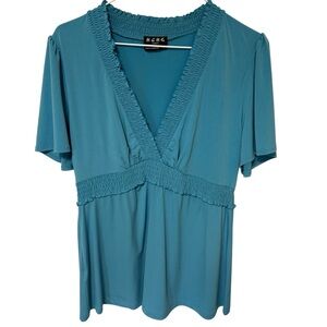 VTG Womens Y2K Babydoll Blue Top Large Flowy Ruffle Career Office‎ Short Sleeve